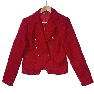 SHEIN Red Tweed & Valentine's Sparkle womens Blazer Jacket Double Button Sz M